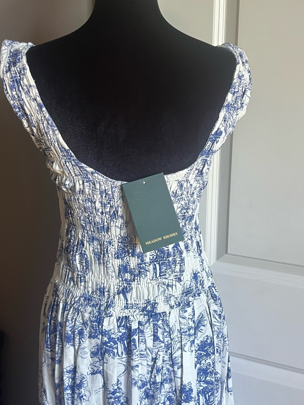 White and Blue Toile Maxi Dress - Smocked Bodice - Picture 6 of 6